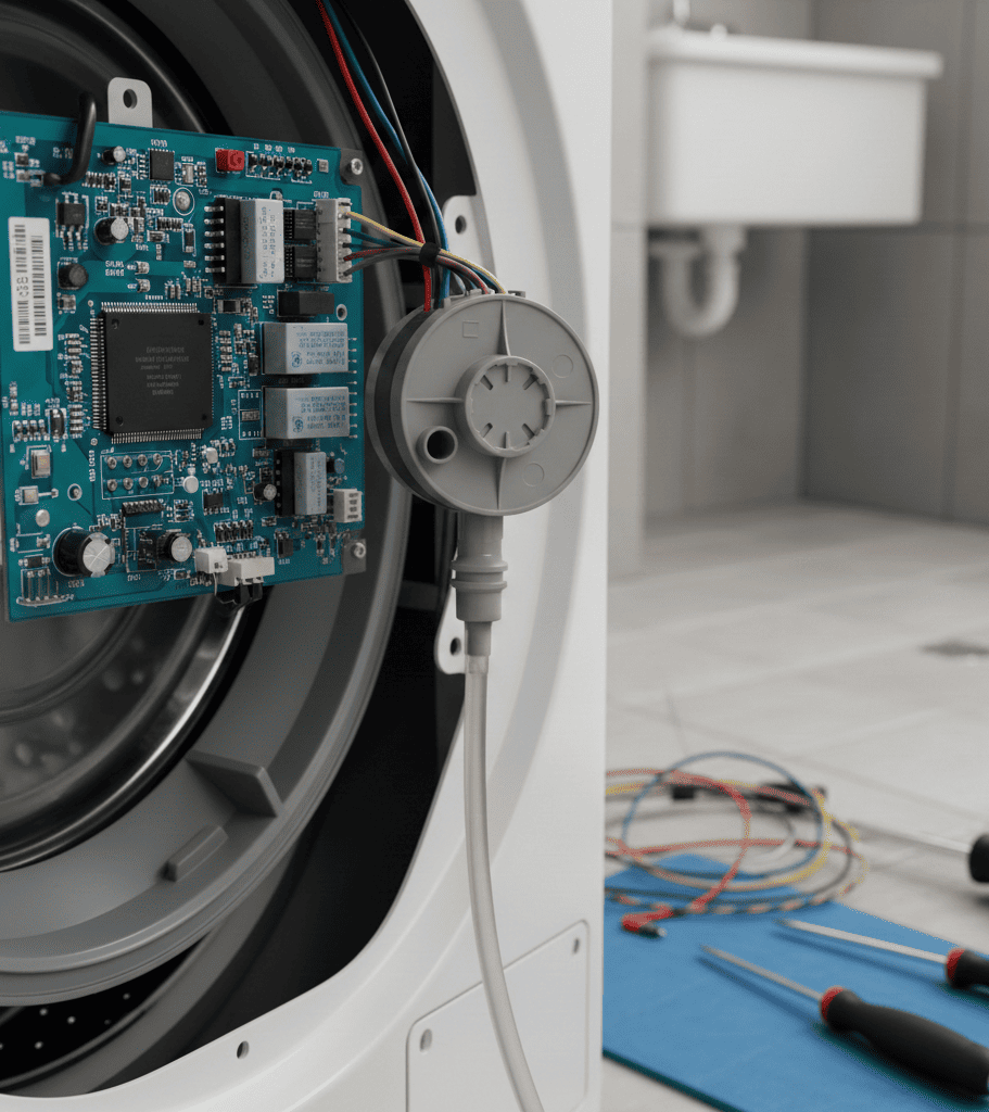 Washing machine water level sensor near control panel in Hyderabad home