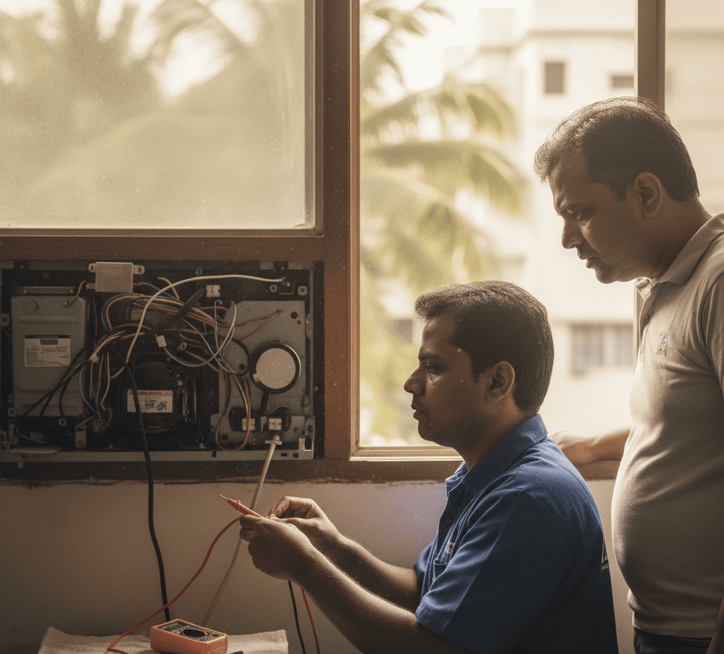 AC technician checking capacitor and electrical issue in window AC in Kolkata
