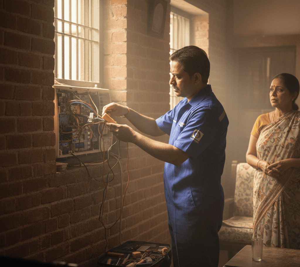 AC technician inspecting window AC to fix starting problem in Hyderabad