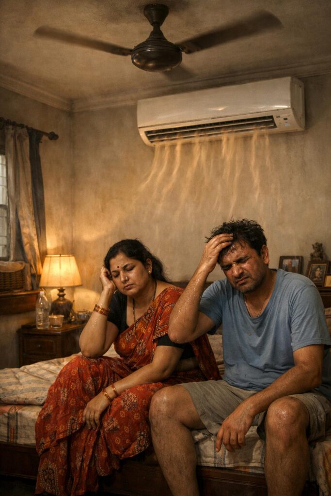 Indian middle-class couple sitting in a Kolkata bedroom looking frustrated while split AC blows warm air during summer heat.