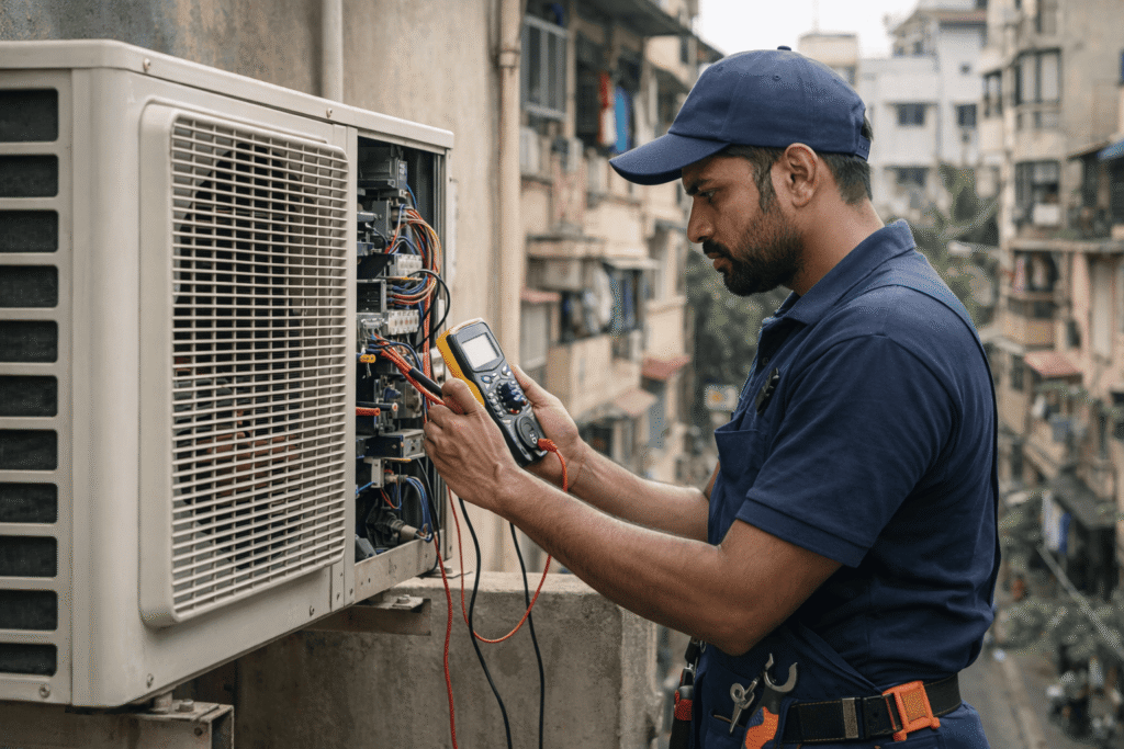 AC technician inspecting outdoor unit compressor problem in Kolkata apartment
