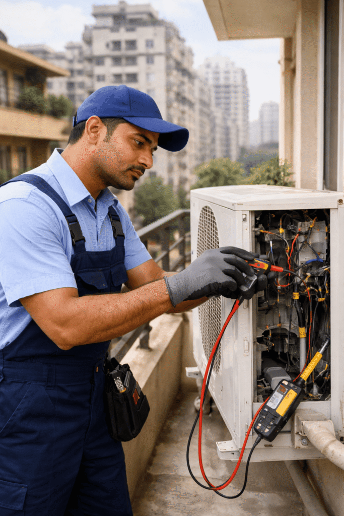 Professional AC outdoor unit repair service in Kolkata residential area