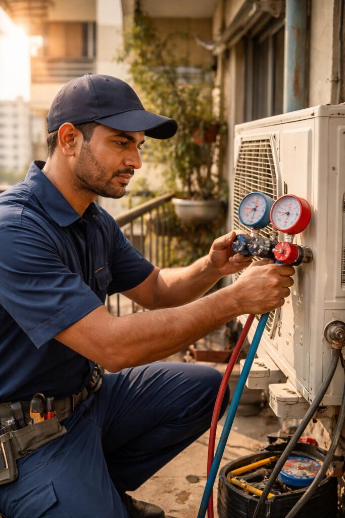 Professional AC technician in Kolkata checking refrigerant pressure using manifold gauge on outdoor split AC unit.
