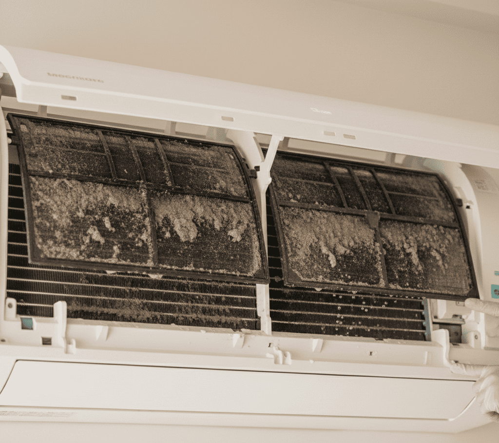 Dirty AC indoor unit with dust and moisture causing bad smell