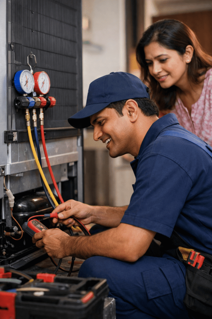 Fridge repair technician solving refrigerator problem at home in Jadavpur while explaining the issue to the customer