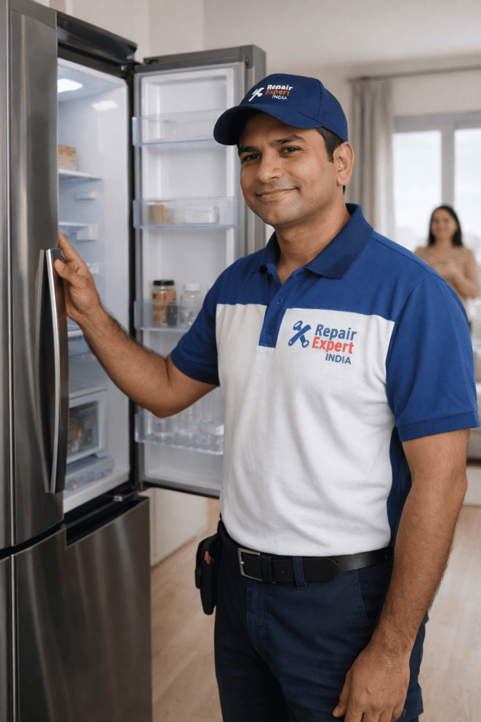 Friendly Indian refrigerator repair technician from Repair Expert India standing beside an open fridge after successful repair in a New Town Kolkata apartment