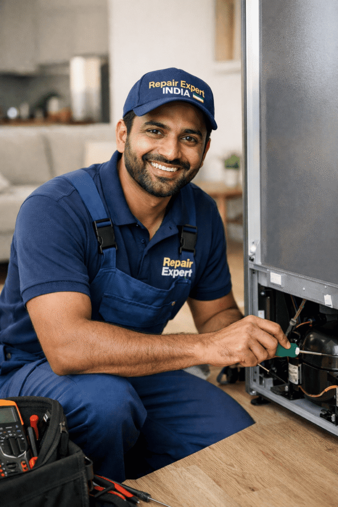 Friendly Indian refrigerator repair technician from Repair Expert India standing beside an open fridge after successful repair in a New Town Kolkata apartment