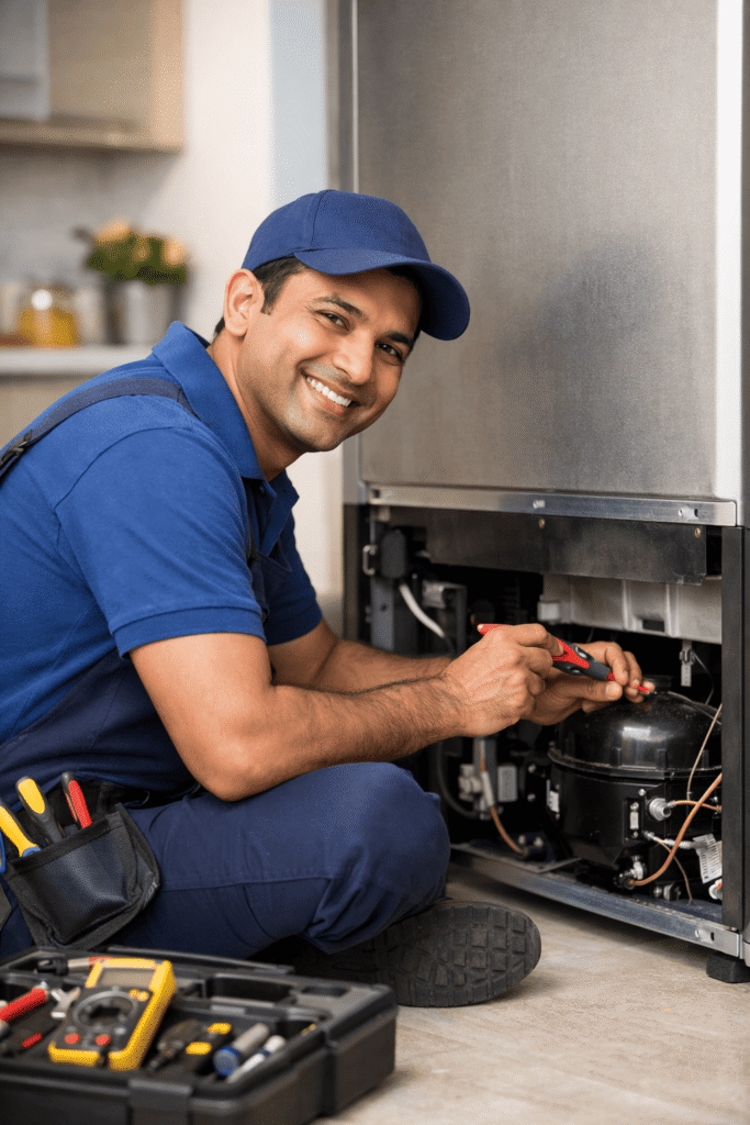 Smiling fridge repair technician repairing refrigerator compressor during a home service visit in Tollygunge, Kolkata