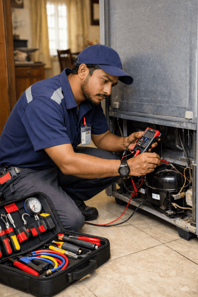 refrigerator technician repairing fridge compressor using professional tools at home in Behala, Kolkata