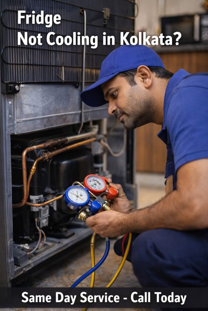 Technician checking Samsung refrigerator copper pipe gas leakage with pressure gauge in Kolkata
