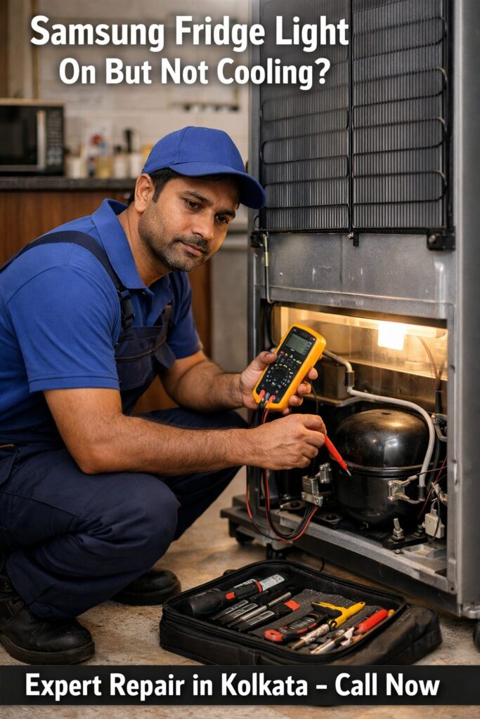 Samsung double door fridge light on but not cooling technician checking compressor in Kolkata