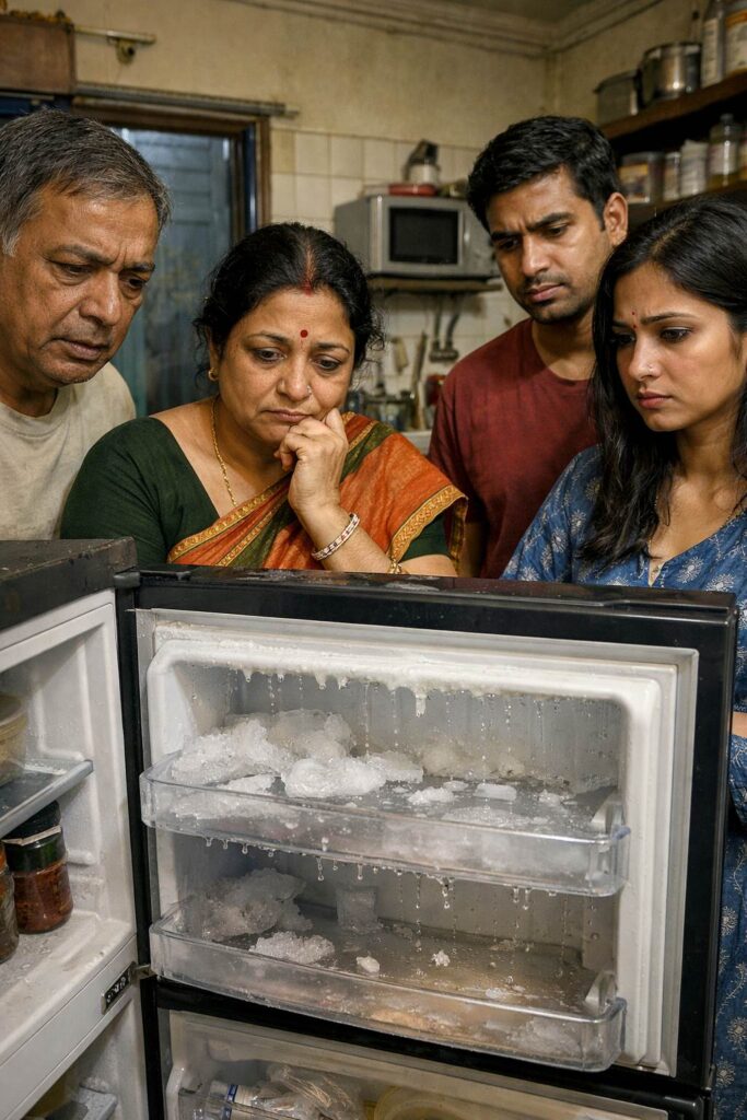 Samsung double door fridge not cooling in Kolkata apartment kitchen with worried family