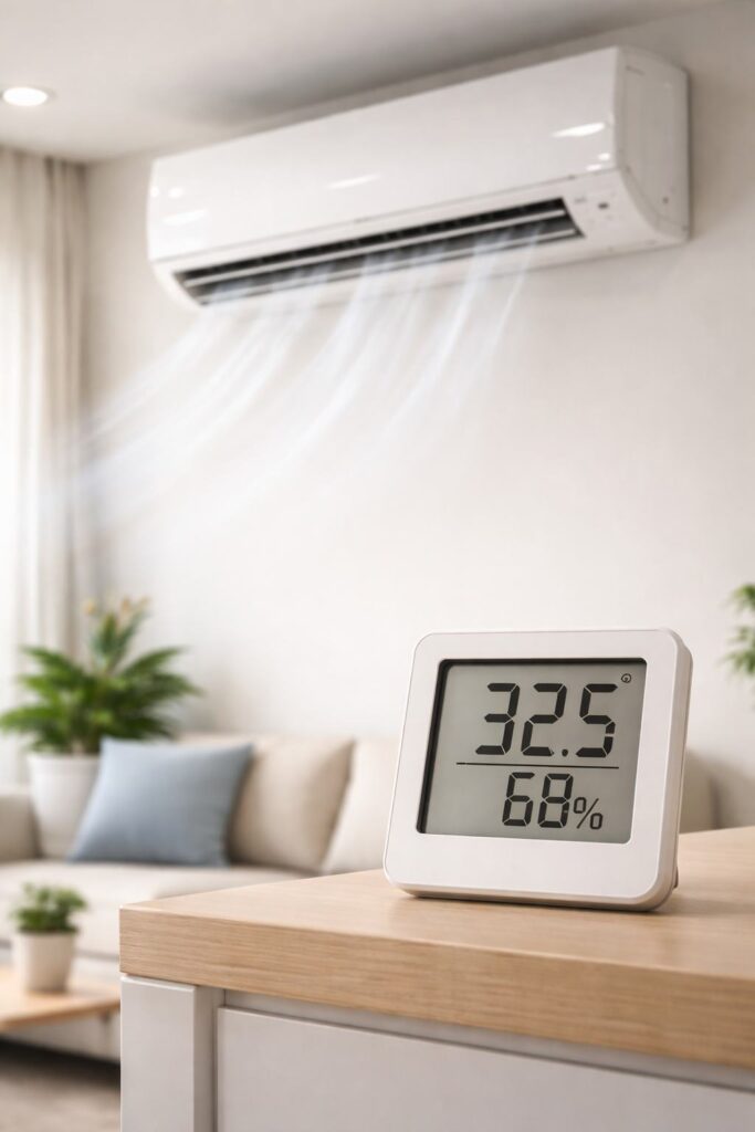 Wall mounted split air conditioner blowing air while digital thermometer shows high room temperature inside Kolkata apartment.