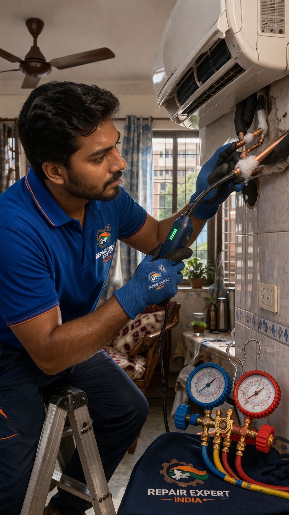 Before and after AC gas leakage repair in Kolkata home showing ice on copper pipes and improved cooling after professional service