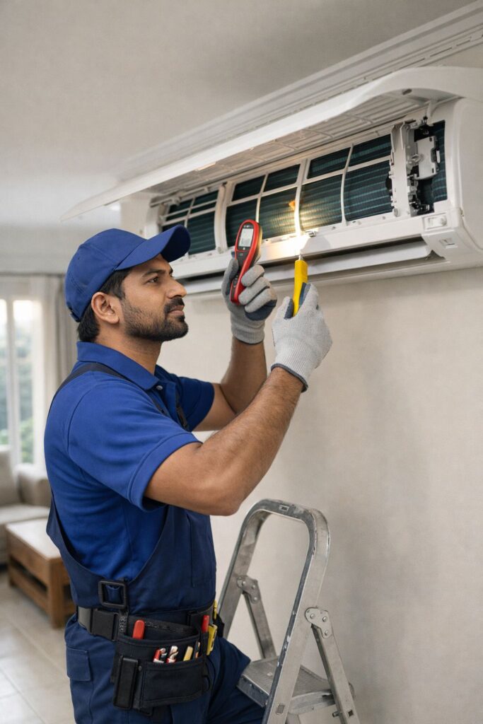 Experienced AC technician performing refrigerant gas refilling service on a split air conditioner outdoor unit in Gachibowli Hyderabad. Gas refilling helps restore cooling performance and improve AC efficiency.