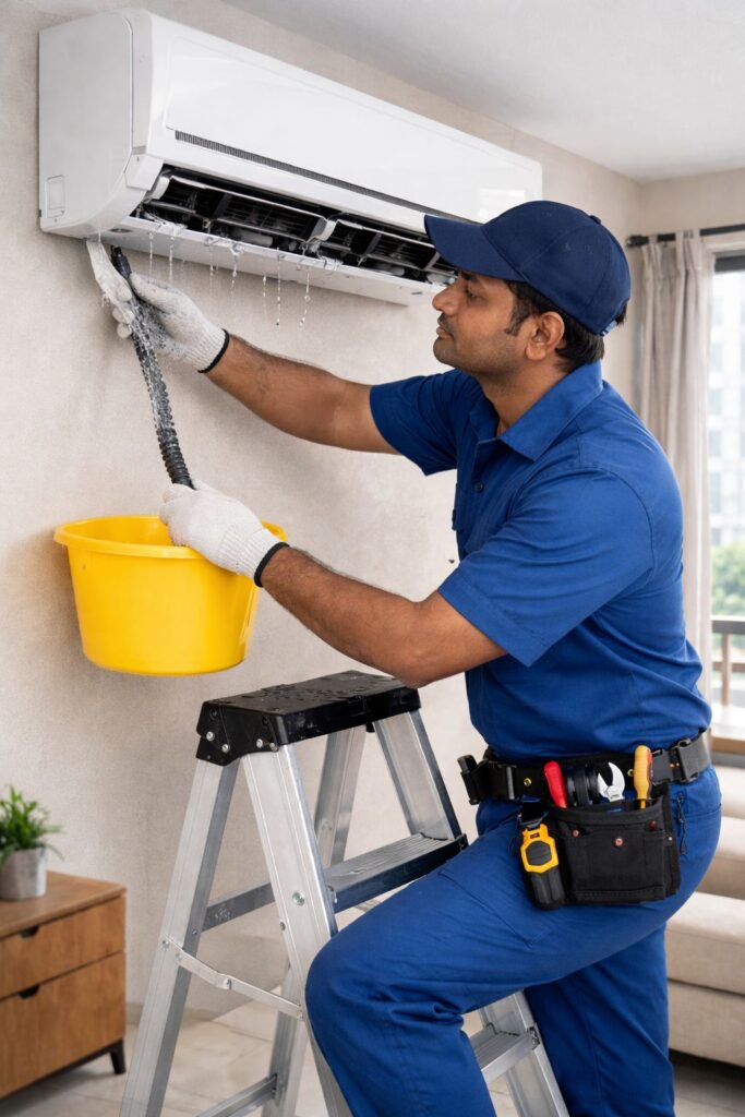 AC technician cleaning blocked drain pipe of split AC in Gachibowli Hyderabad