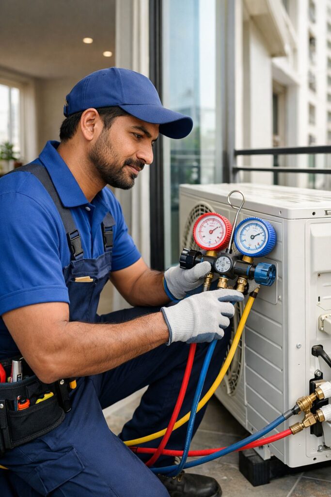 AC technician checking refrigerant gas of split AC in Gachibowli Hyderabad
