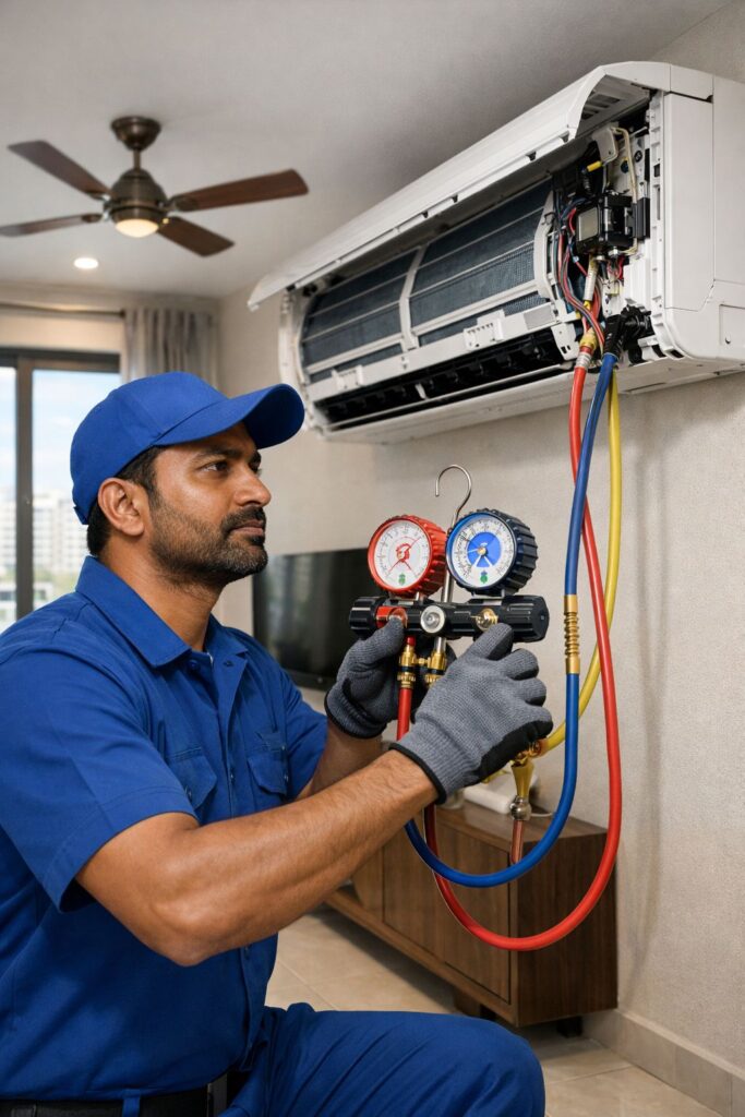 AC technician checking refrigerant gas of split AC in Gachibowli Hyderabad