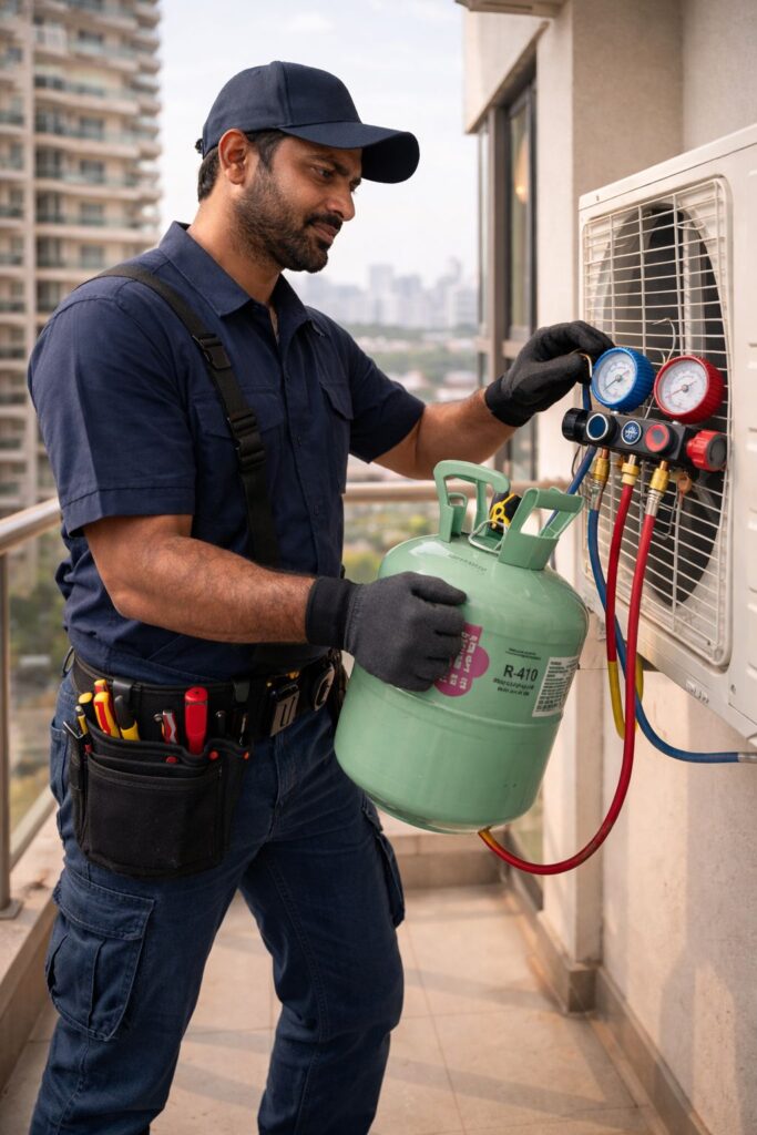 AC technician refilling refrigerant gas in split AC outdoor unit in Madhapur Hyderabad