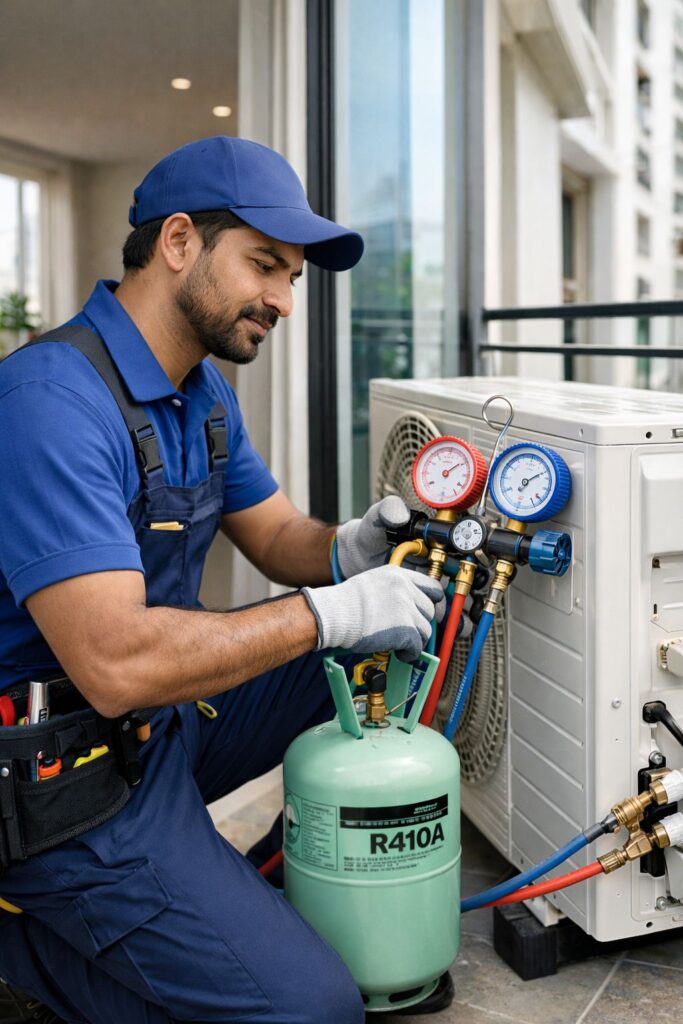 AC technician refilling refrigerant gas in split air conditioner in Gachibowli Hyderabad