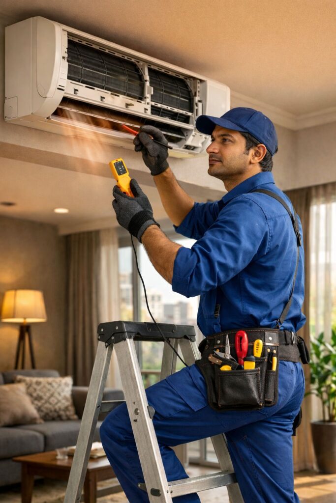 AC technician repairing split air conditioner indoor unit in Madhapur Hyderabad