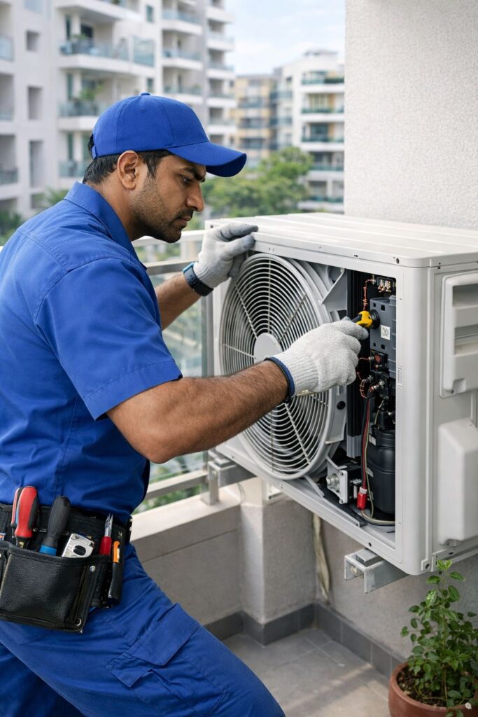 AC technician repairing noisy outdoor unit of split AC in Gachibowli Hyderabad