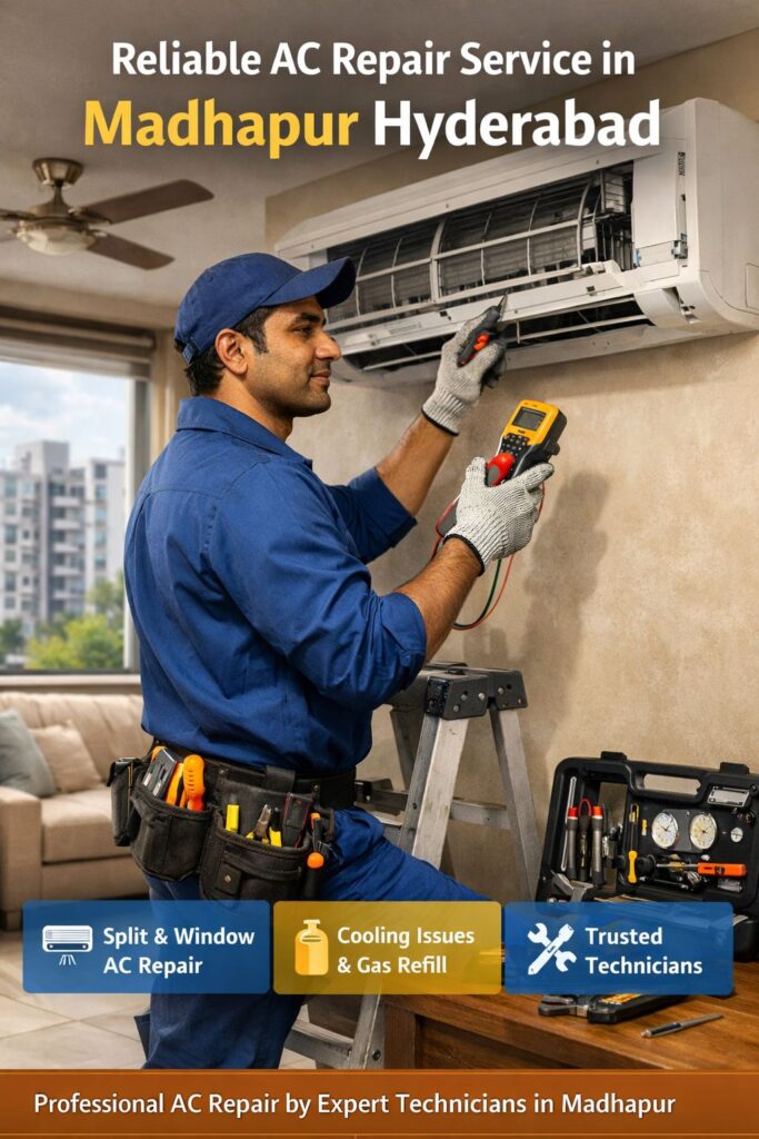 AC technician repairing split air conditioner in a residential apartment in Madhapur Hyderabad