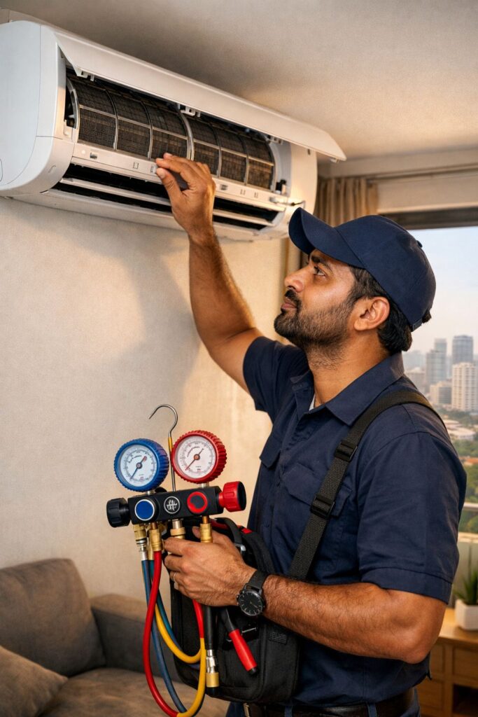 AC technician inspecting split AC not cooling problem in Madhapur Hyderabad