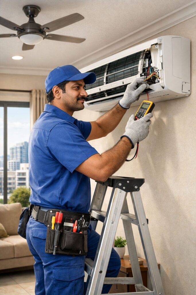 AC technician repairing split air conditioner in a modern apartment in Gachibowli Hyderabad