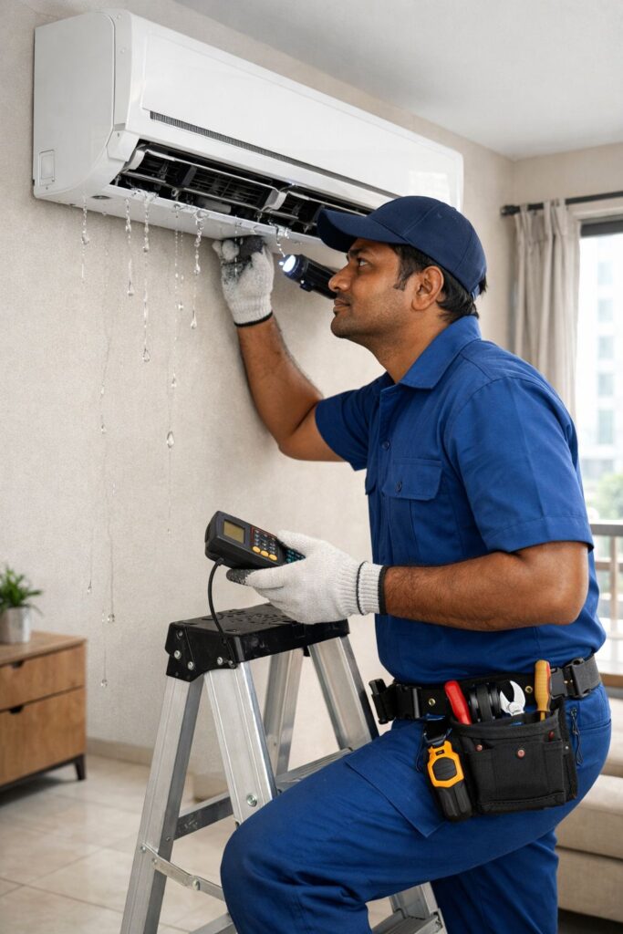 AC technician inspecting split air conditioner leaking water in Gachibowli Hyderabad