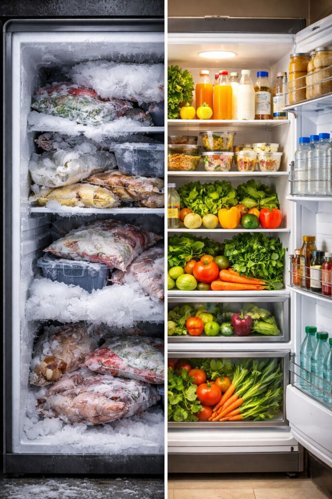before and after fridge repair showing frozen food issue fixed