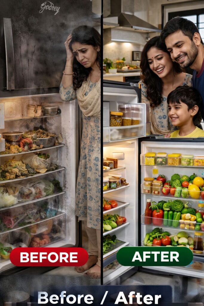 Before and after Godrej fridge repair showing cooling problem fixed in Kolkata