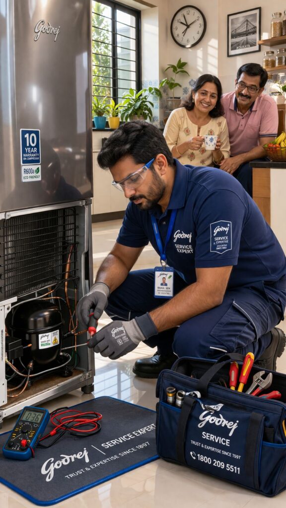 Technician repairing Godrej fridge compressor in Kolkata home refrigerator repair service