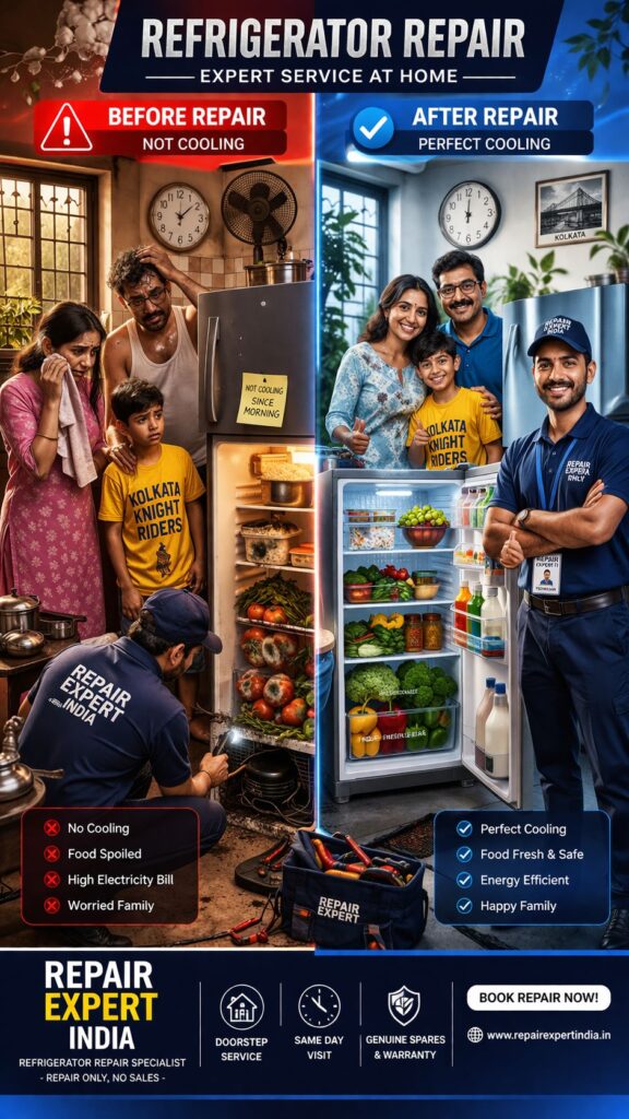 a trained technician fixing a Godrej refrigerator compressor in Kolkata. It reflects reliable fridge repair service available in areas like New Town, Howrah, and Tollygunge for cooling and compressor issues.