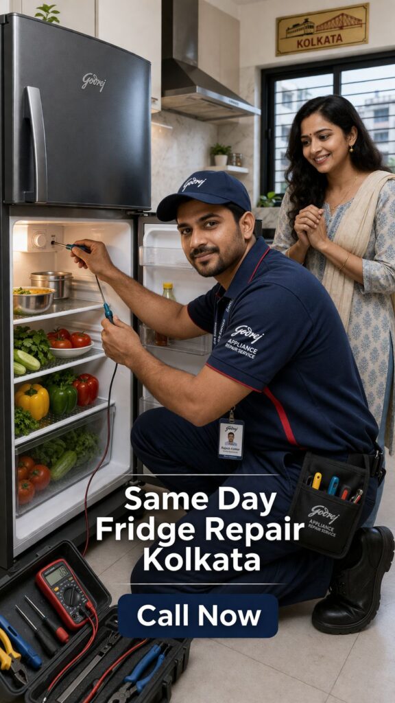 Professional technician repairing Godrej fridge at home in Kolkata