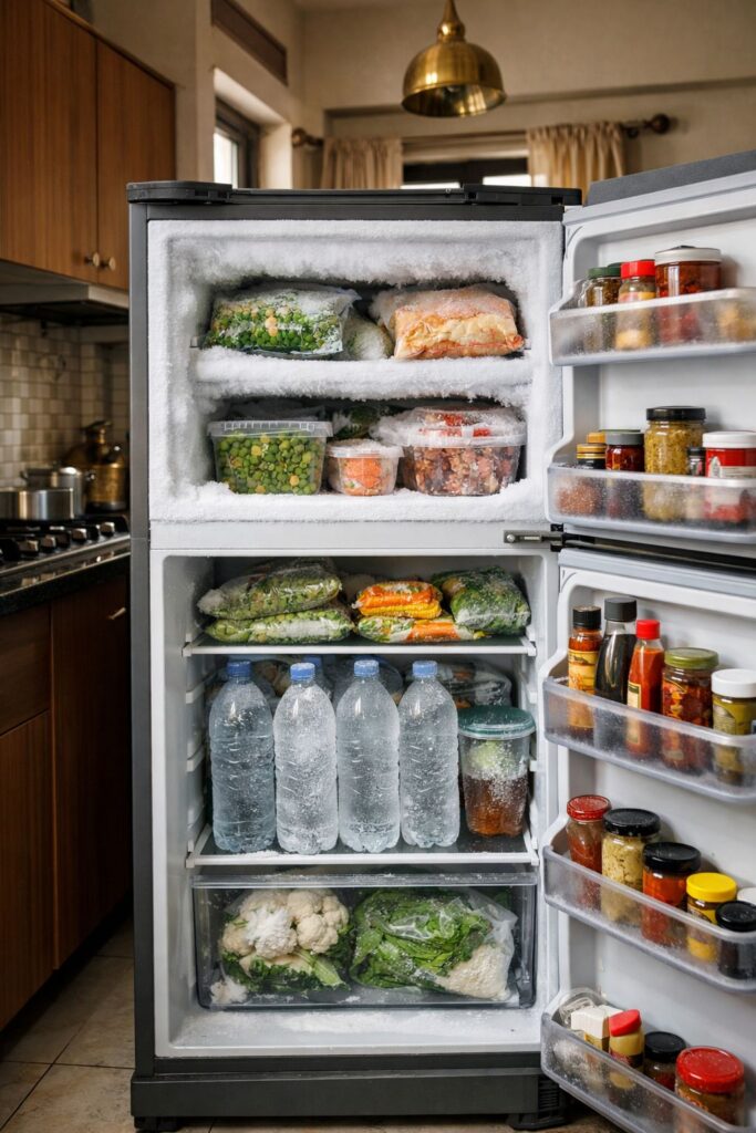 Haier fridge freezing food in Kolkata with ice buildup inside refrigerator