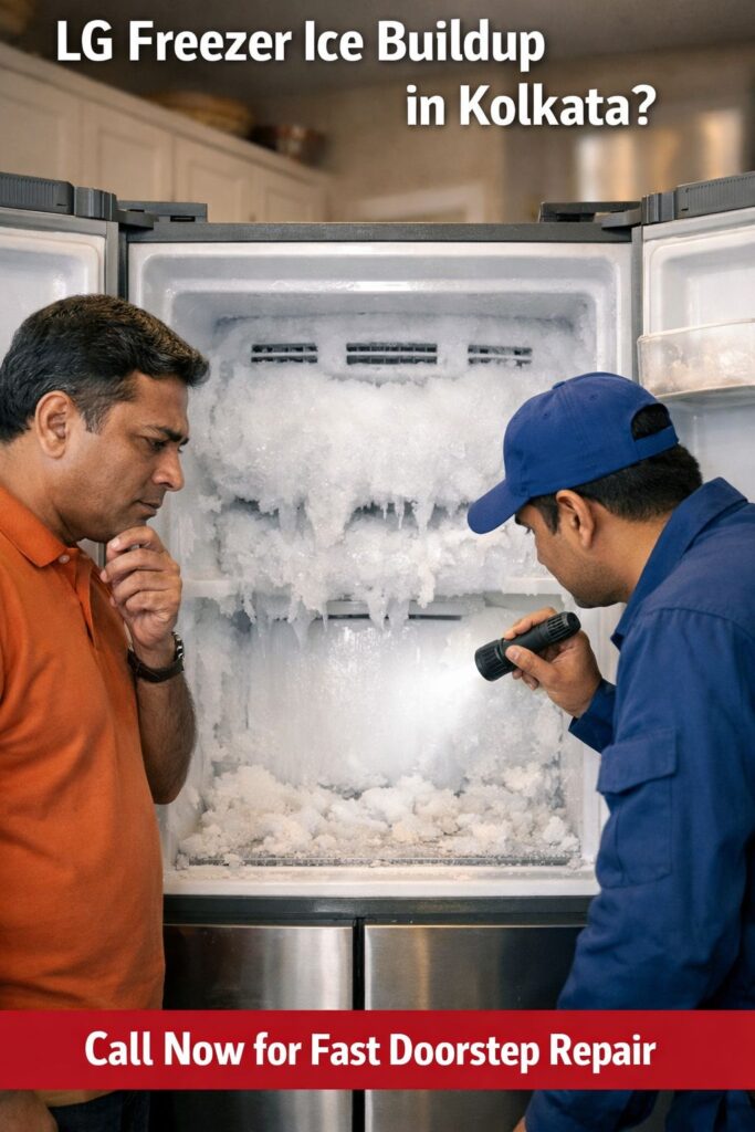 Heavy ice buildup inside LG double door freezer in Kolkata home requiring professional repair service