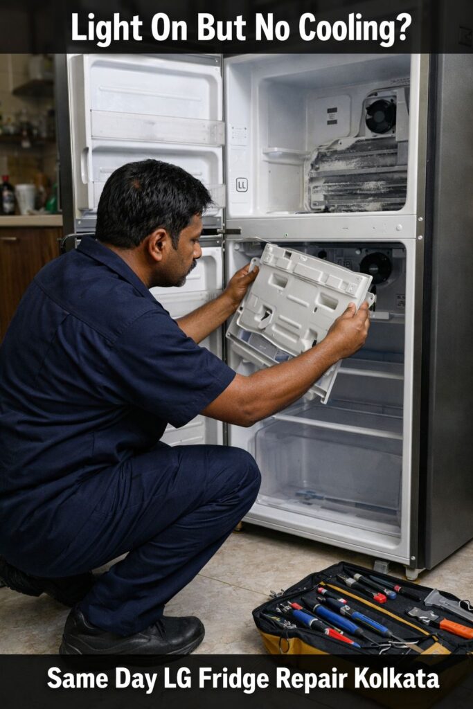 LG double door refrigerator with freezer slightly cold but fridge section not cooling properly while technician inspects evaporator fan