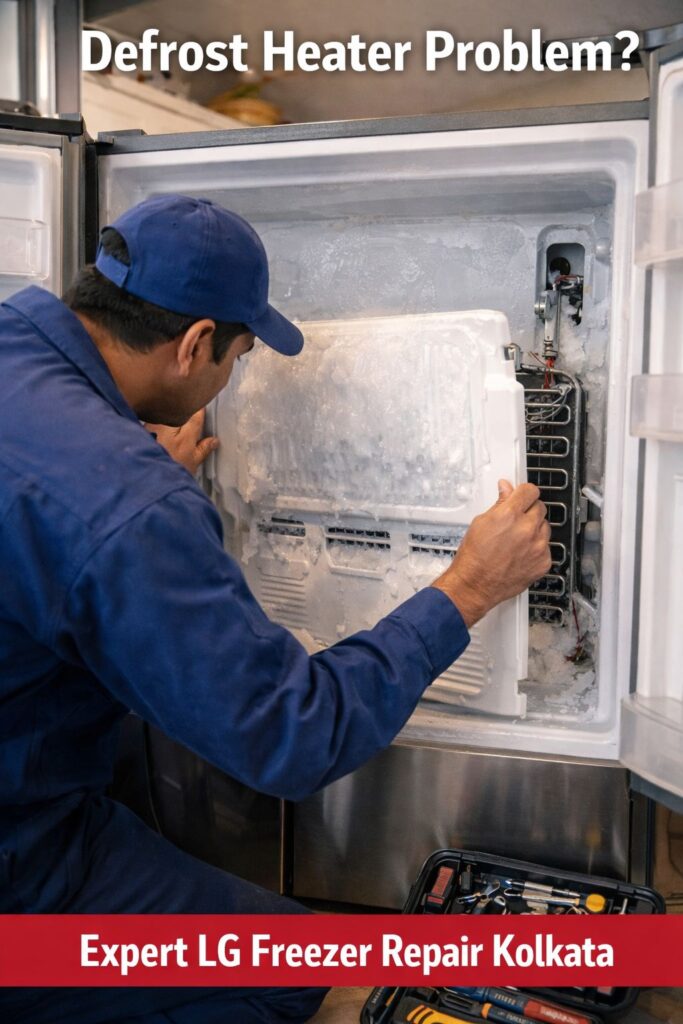 Technician inspecting evaporator coil and defrost heater of LG double door refrigerator in Kolkata