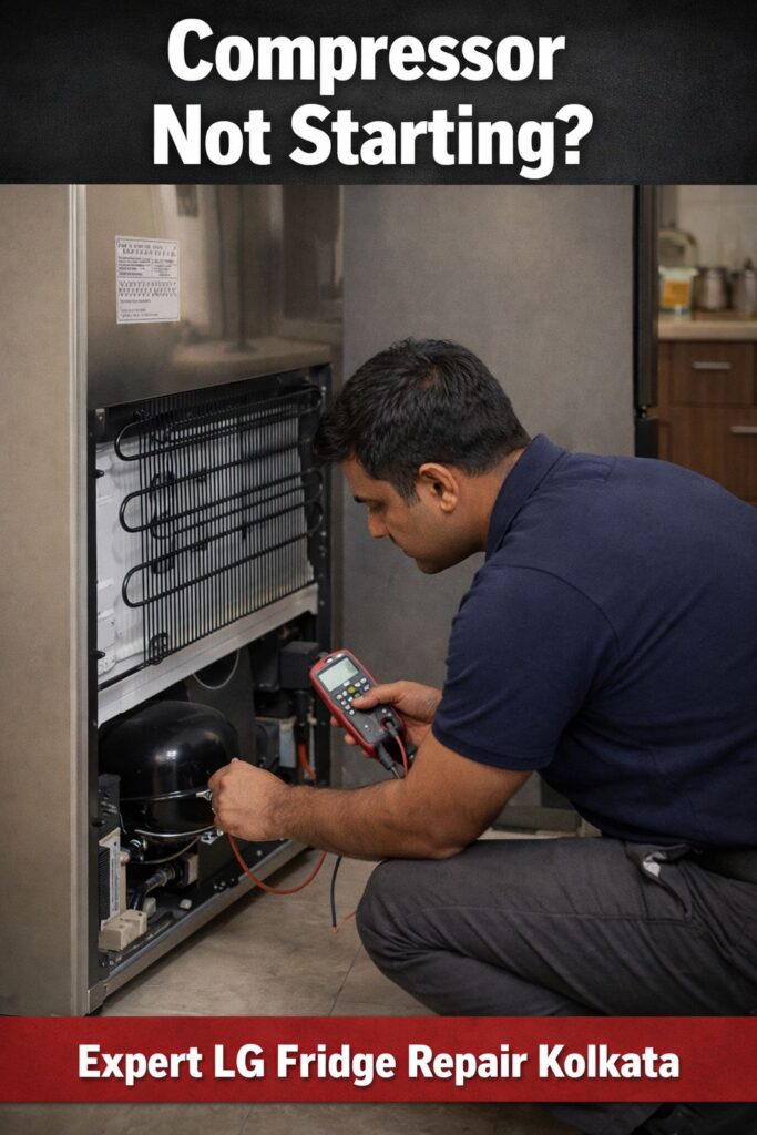 LG double door fridge compressor not starting technician checking relay and compressor with multimeter in Kolkata home