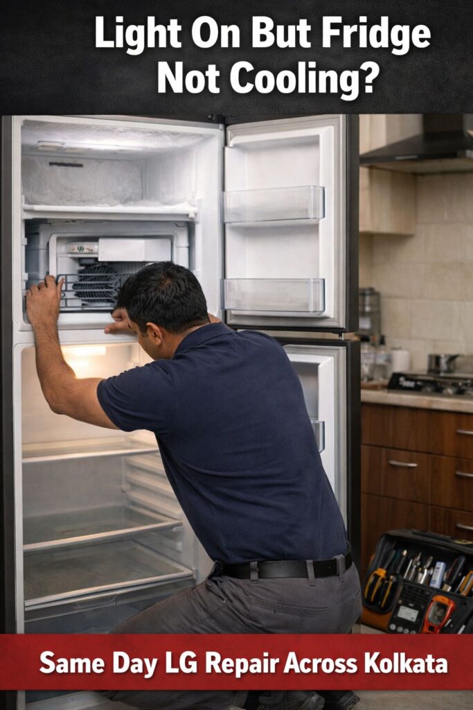 LG double door fridge freezer cold but fridge section not cooling technician checking evaporator fan in Kolkata