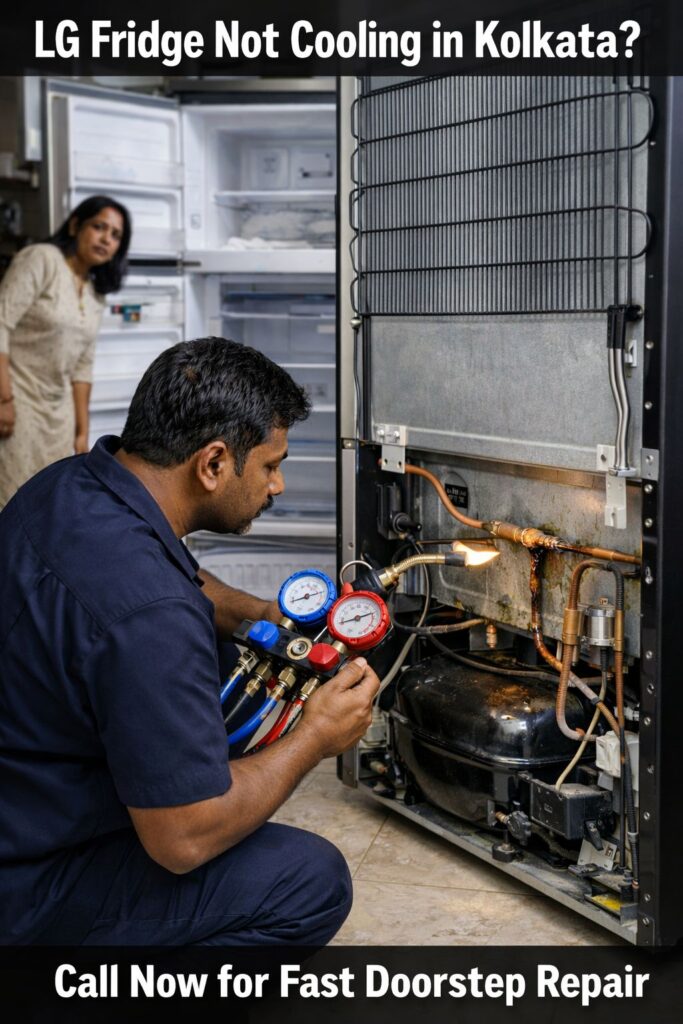 Technician checking copper joint and refrigerant line of LG refrigerator for gas leakage repair in Kolkata