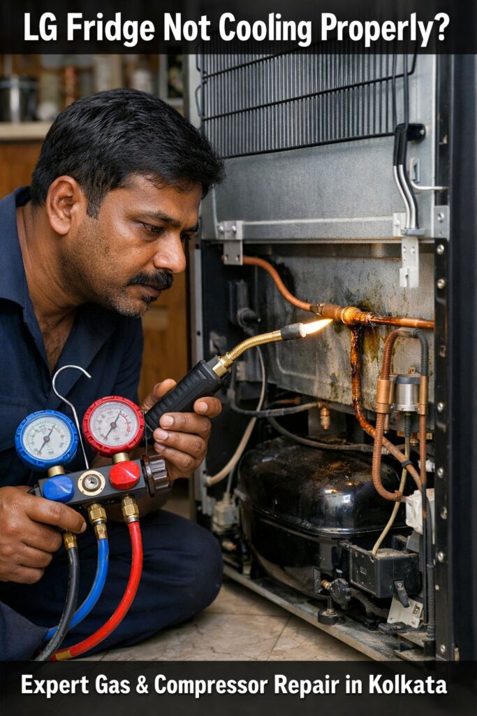 Indian technician repairing backside compressor and copper coils of LG double door refrigerator in Kolkata kitchen due to cooling problem