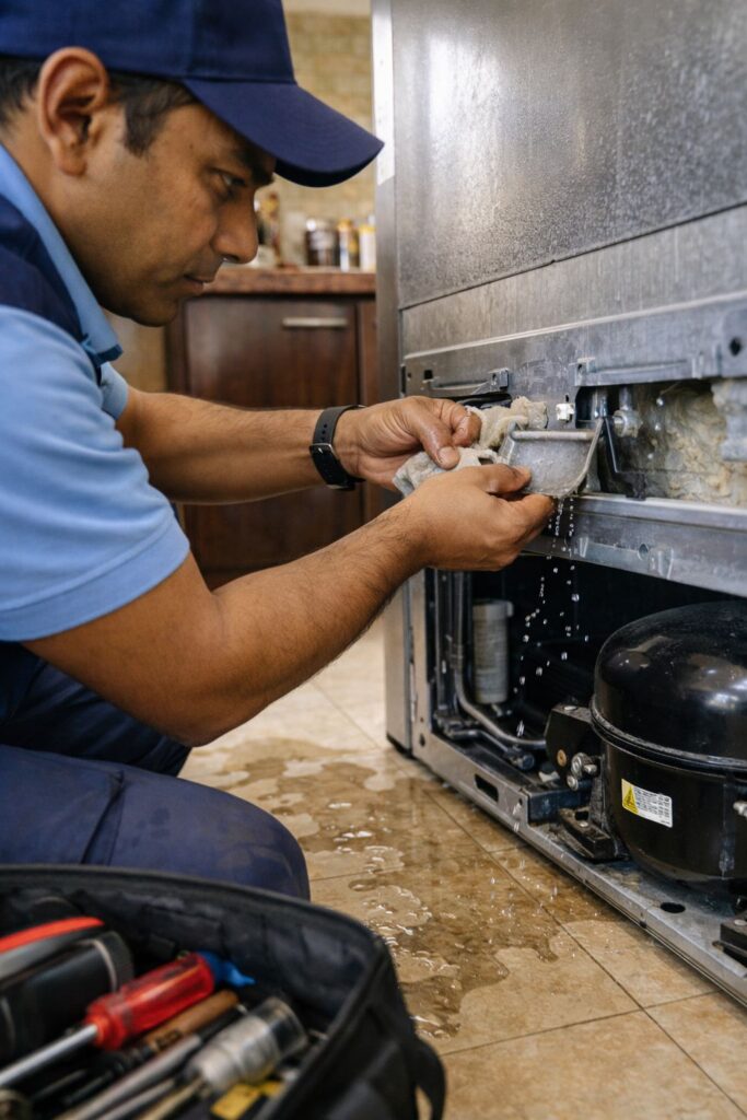 Technician repairing LG refrigerator blocked defrost drain pipe causing water leakage in Kolkata