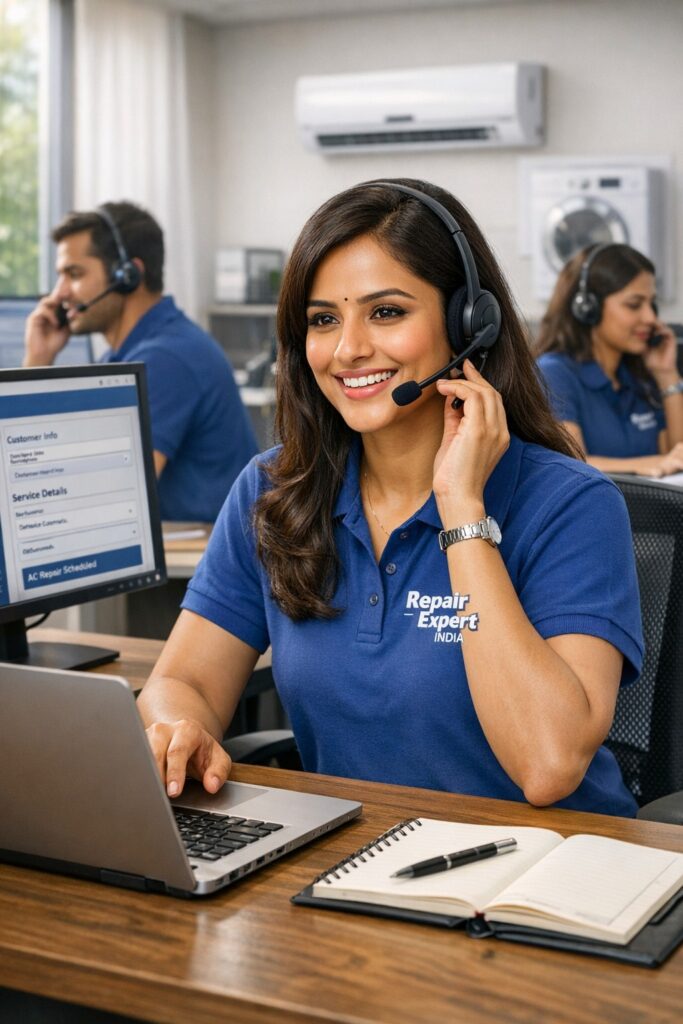 Female customer care executive from Repair Expert India handling AC repair service call and registering customer complaint on laptop.