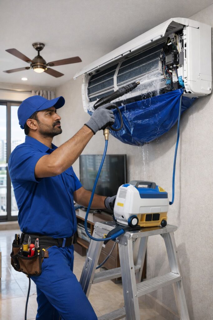 Split AC cleaning and servicing by technician in Gachibowli Hyderabad