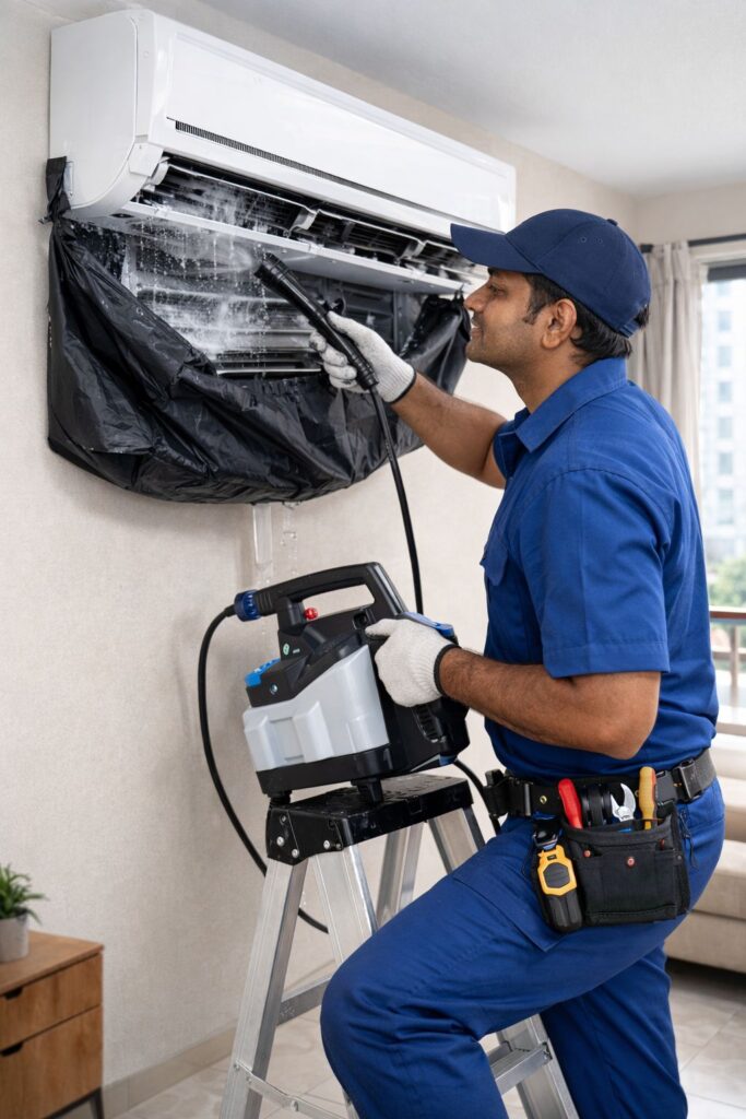 Split AC servicing and maintenance by technician in Gachibowli Hyderabad