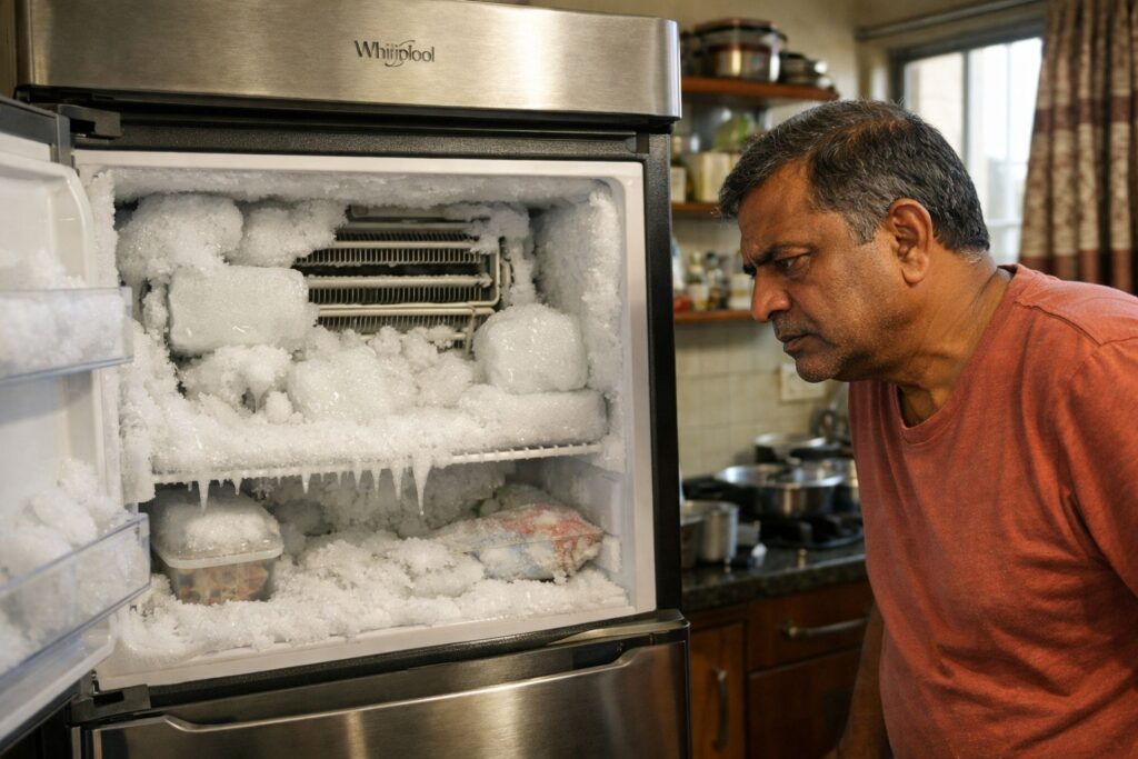 Whirlpool double door freezer ice buildup problem inside refrigerator in Kolkata home