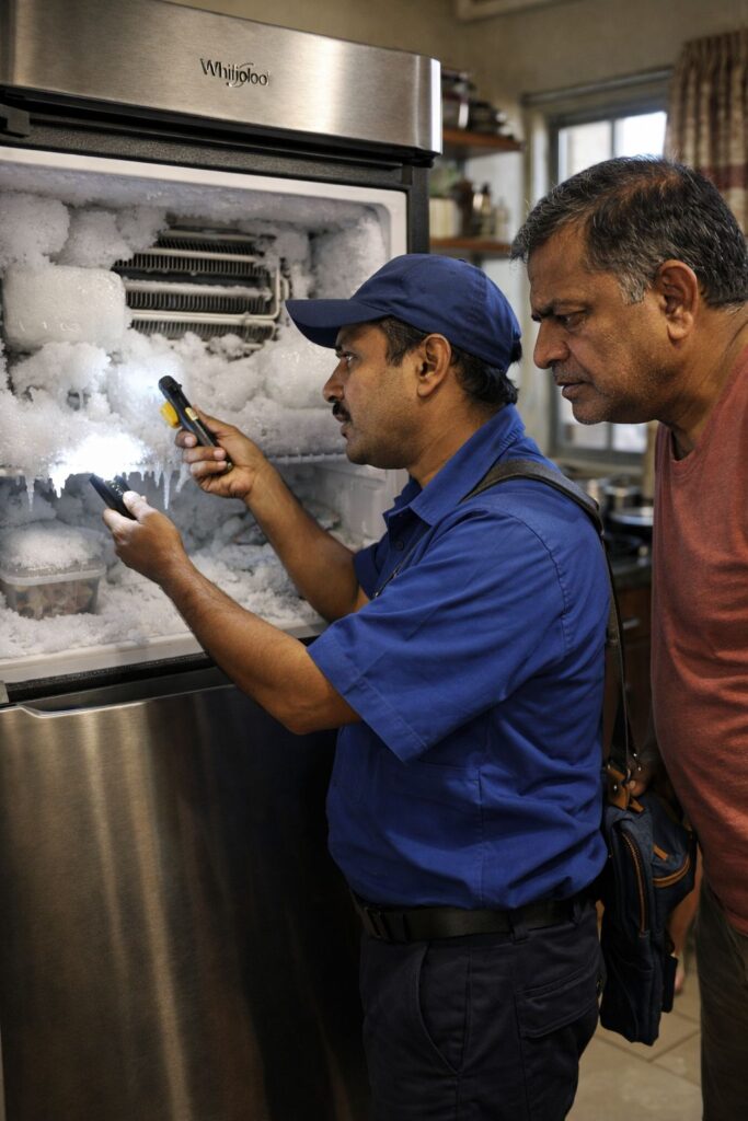 Technician inspecting Whirlpool freezer ice buildup problem during refrigerator repair in Kolkata