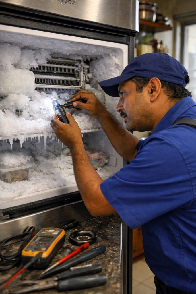 Technician repairing Whirlpool refrigerator defrost system causing freezer ice buildup in Kolkata